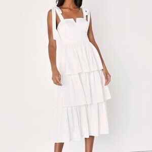 Lulus Essential Romance White Satin Tie-strap Tiered Midi Dress - Size Small